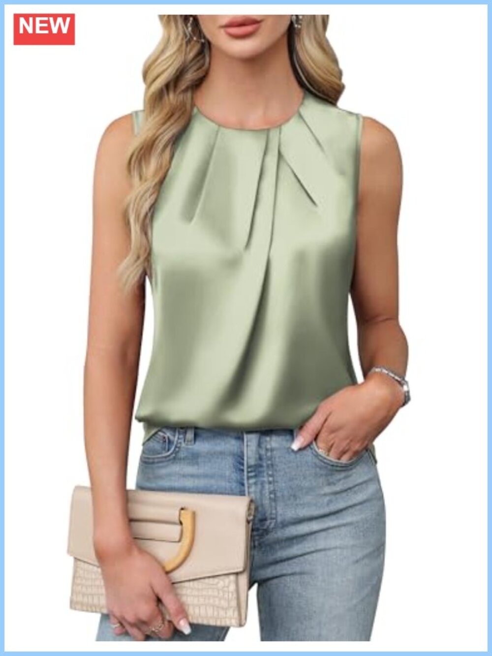 Satin Sleeveless Tank Top Pleated Round Neck Business Casual Blouse